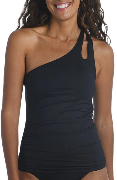 La Blanca Island Goddess Ruched One-shoulder Tankini Top In Black