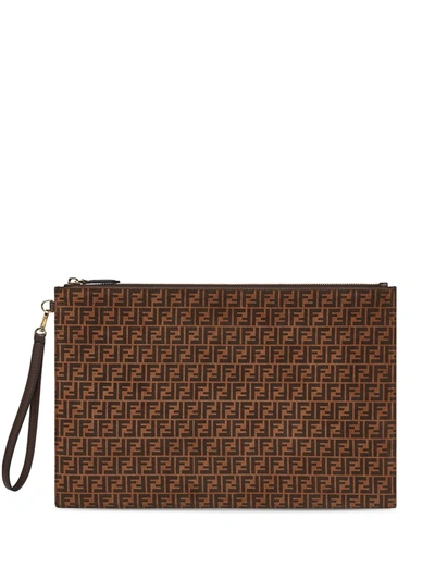 Fendi Ff Logo Large Flat Pouch Clutch Bag In Brown ModeSens