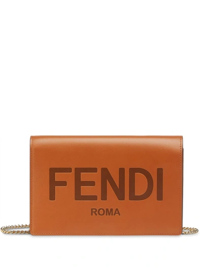 Fendi Brown Logo Leather Chain Wallet Bag
