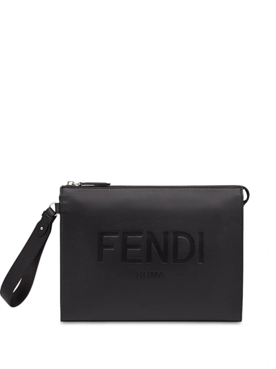 Fendi Debossed-logo Wrist Strap Pouch In Gxn Black Palladio