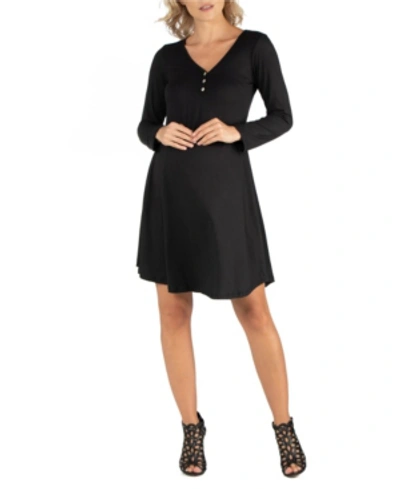 24seven Comfort Apparel Henley Style Long Sleeve Maternity Dress In Black