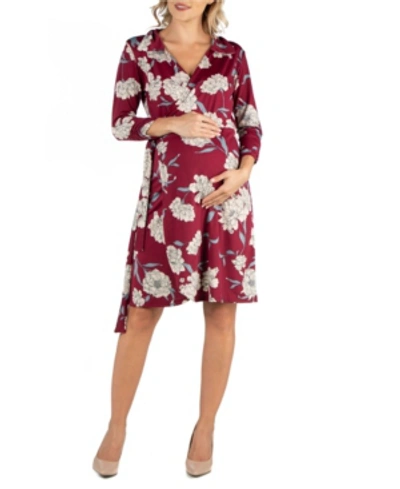 24seven Comfort Apparel Collared Burgundy Floral Print Maternity Wrap Dress In Multi