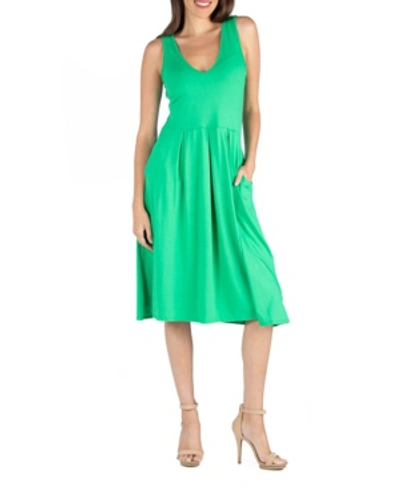 24seven Comfort Apparel Fit And Flare Midi Sleeveless Dress With Pocket Detail In Green