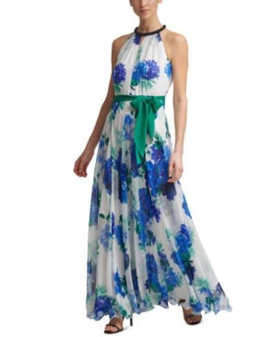 Calvin Klein Beaded-neck Chiffon-floral Gown In Regatta Blue Floral