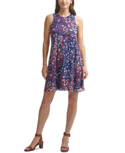 Calvin Klein Floral-print Chiffon Trapeze Dress In Indigo Berry