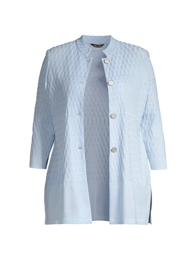 Misook, Plus Size Mandarin Basketweave Knit Jacket In Ice Blue