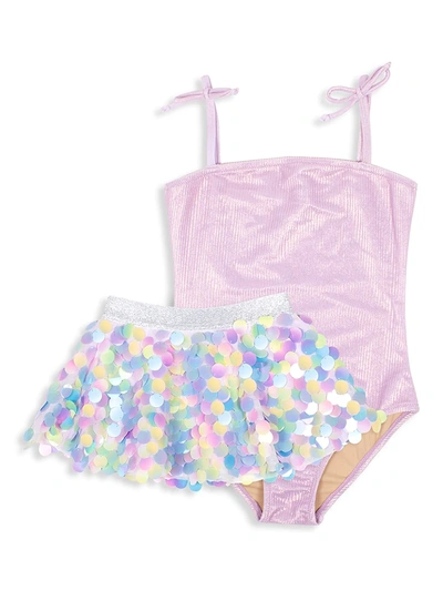Shade Critters Girls One Piece Bathing Suit & Fringe Skirt - Metallic Hula - Purple