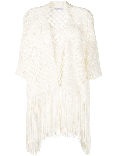 Brunello Cucinelli Silk-linen Blend Open Knit Shawl Cardigan In White