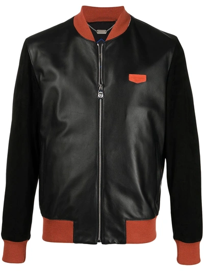Billionaire Two-tone Leather Bomber Jacket In Black