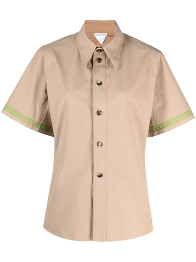 Bottega Veneta Striped-cuff Short-sleeved Cotton-poplin Shirt In Beige