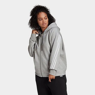 Adidas Originals Adidas Women's Sportswear Wrapped 3-stripes Full-zip Hoodie (plus Size) In Medium Grey Heather/white