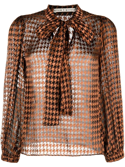 Alice And Olivia Lolita Pussy-bow Metallic Fil Coupé Chiffon Blouse In Brown