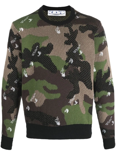 Off-white Camouflage-print Intarsia-knit Jumper In Green