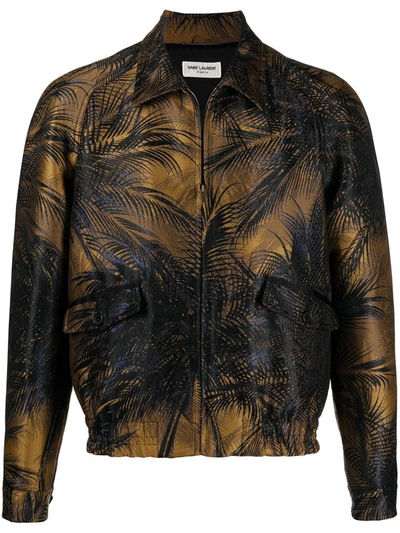 Saint Laurent Teddy Zip-through Palm-tree Jacquard Jacket In Brown
