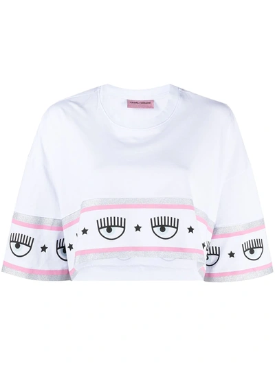 Chiara Ferragni Logo饰带短款t恤 In White,pink,silver