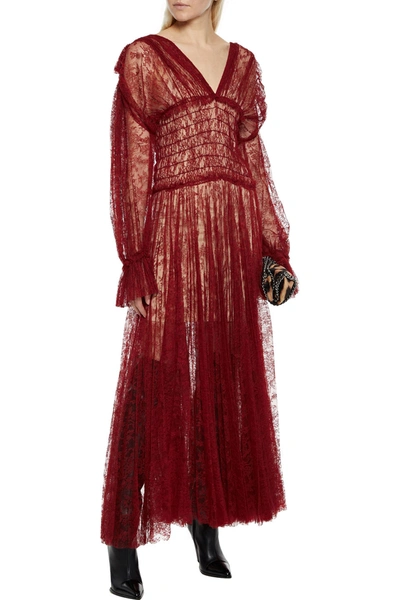 Khaite Dawny Shirred Pleated Chantilly Lace Maxi Dress In Claret