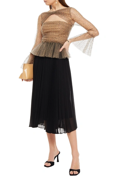 Khaite Joey Cutout Flocked Glittered Tulle Peplum Blouse In Sand