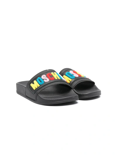 Moschino Kids' Teddy Logo Rubber Slide Sandals In Black,multi
