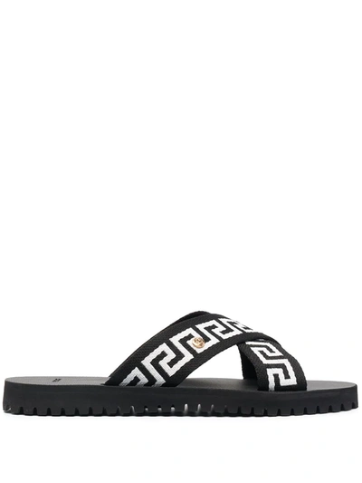 Versace Black & White Nastro Greca Cross Strap Sandals In Multi-colored