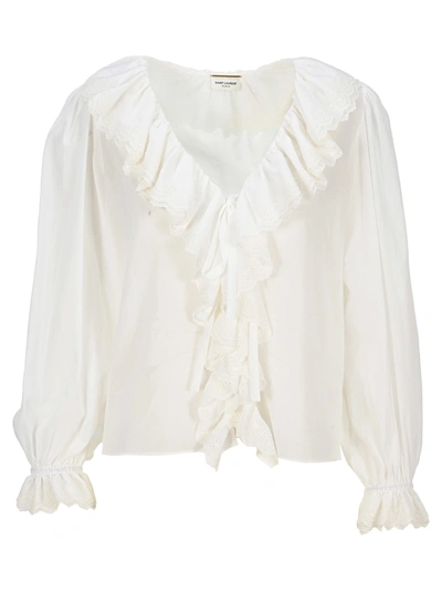 Saint Laurent Ruffled Broderie Anglaise-trimmed Cotton-voile Blouse In White