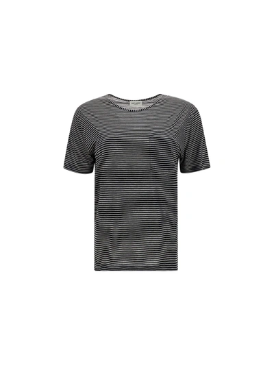 Saint Laurent Striped Viscose Jersey T-shirt In Black,grey