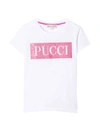 EMILIO PUCCI WHITE TEEN T-SHIRT WITH PINK FRONTAL LOGO,11742907