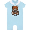 MOSCHINO LIGHT BLUE ROMPER FOR BABYBOY WITTH TEDDY BEAR,MMT01H LBA10 40304