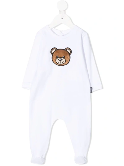 Moschino Babies' Squeaky Bear Patch Stretch Cotton Footie In White