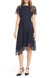 Eliza J Cap Sleeve Asymmetrical Lace Midi Dress In Navy