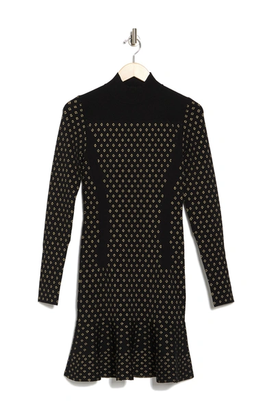 Nicole Miller Diamond Pattern Long Sleeve Flounced Sweater Dress In Black