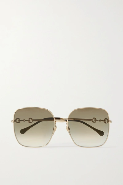 Gucci Horsebit-detailed Square-frame Gold-tone Sunglasses In Gold ,brown