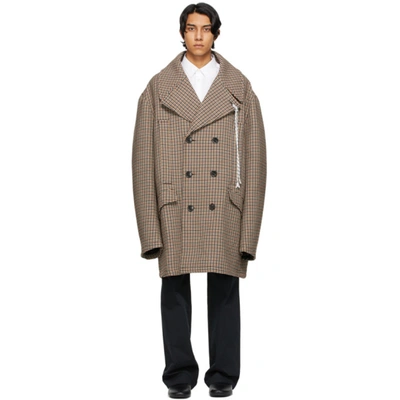 Raf Simons Aw16 Oversized Laced-lapel Check Twill Coat In Brown