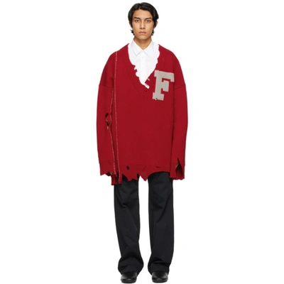 Raf Simons Red Oversized Destroyed 'f' Sweater