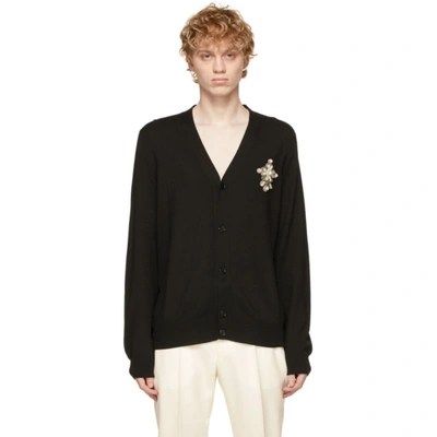 Alexander Mcqueen Floral Embroidery Wool Knit Cardigan In Black