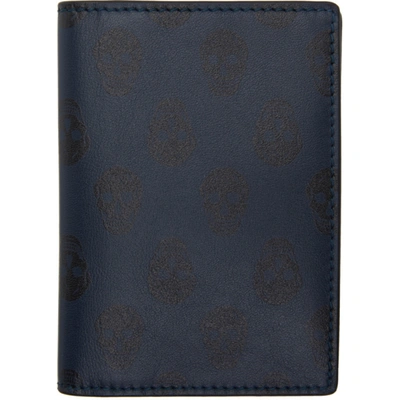 Alexander Mcqueen Navy Skull Print Pocket Organizer Card Holder In 4265 Midnight Blue/b