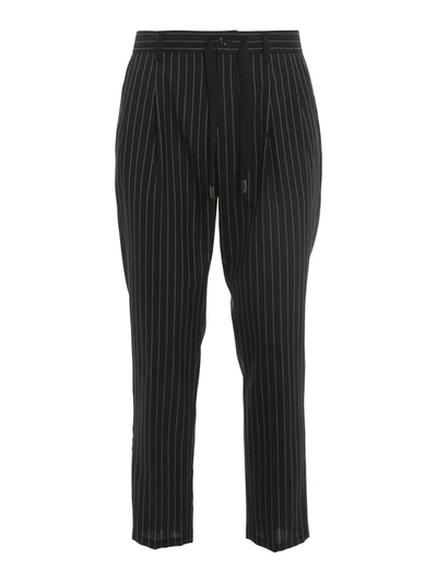Dolce & Gabbana Slim-fit Cropped Tapered Pinstriped Wool Drawstring Trousers In Black