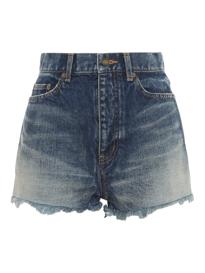 Saint Laurent High Waist Cotton Denim Shorts In Blue