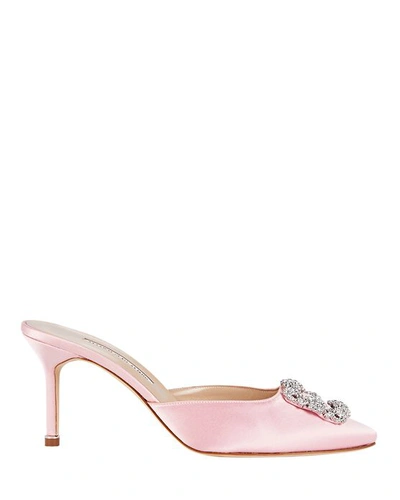 Manolo Blahnik Hangisimu Crystal Satin Mules In Pale Pink