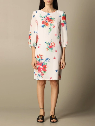 Boutique Moschino Short Dress In Silk Blend With Floral Pattern In White
