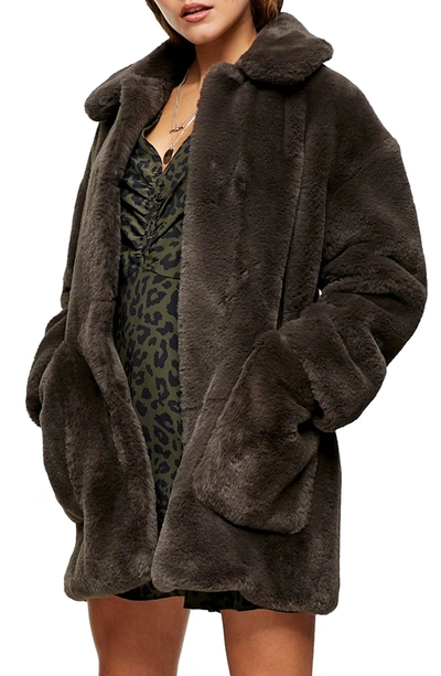 Topshop Eddie Faux Fur Coat In Charcoal
