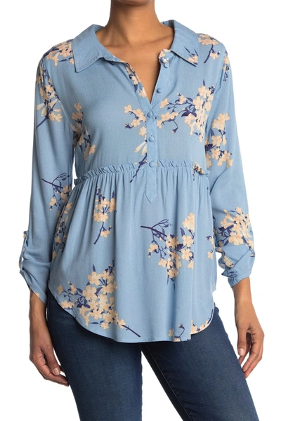 Bobeau Tunic With Placket And Empire Seams In Denim Floral