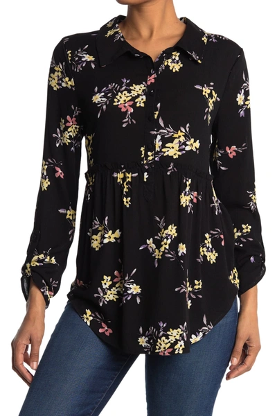 Bobeau Tunic With Placket And Empire Seams In Black Floral