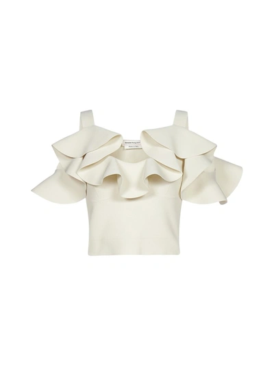 Alexander Mcqueen Flounced-neck Cold-shoulder Jersey Top In White