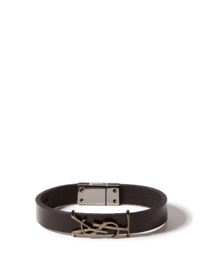 Saint Laurent Ysl Logo-plaque Leather Bracelet In Black