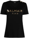 Balmain Cotton T-shirt With Gold Colored Logo Print In Black Gold