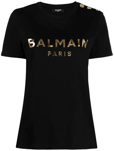 Balmain Cotton T-shirt With Gold Colored Logo Print In Black Gold