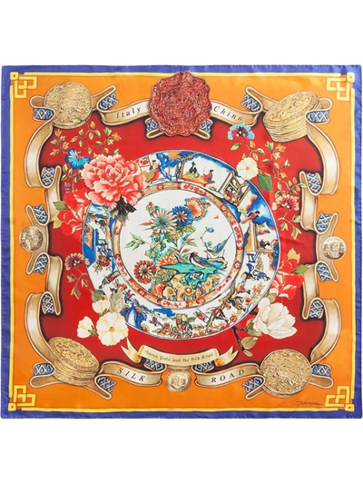 Dolce & Gabbana Silk Road-print Silk-twill Scarf In Orange