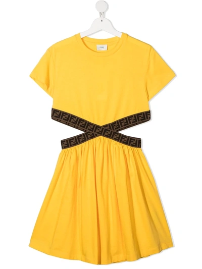 Fendi Kids' Ff棉质针织连衣裙 In Yellow