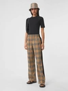 Burberry Stretch Cotton Pants With Check Pattern And Lateral Bands In Archive Beige