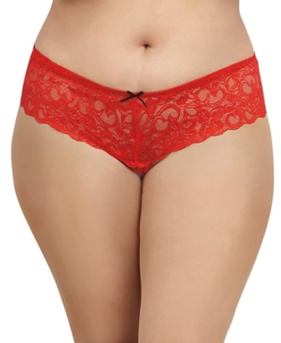 Dreamgirl Women's Plus Size Low-rise Crotchless Boyshort Lingerie With Satin Bow Details In Ruby